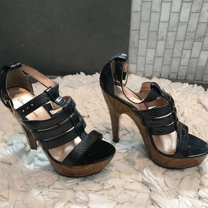 Black/ Wood Wedge Platform Heels